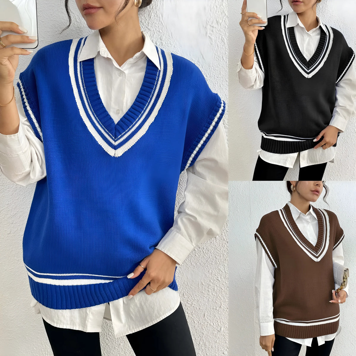 Women's college style acrylic wool vest sweater in loose fit pullover design