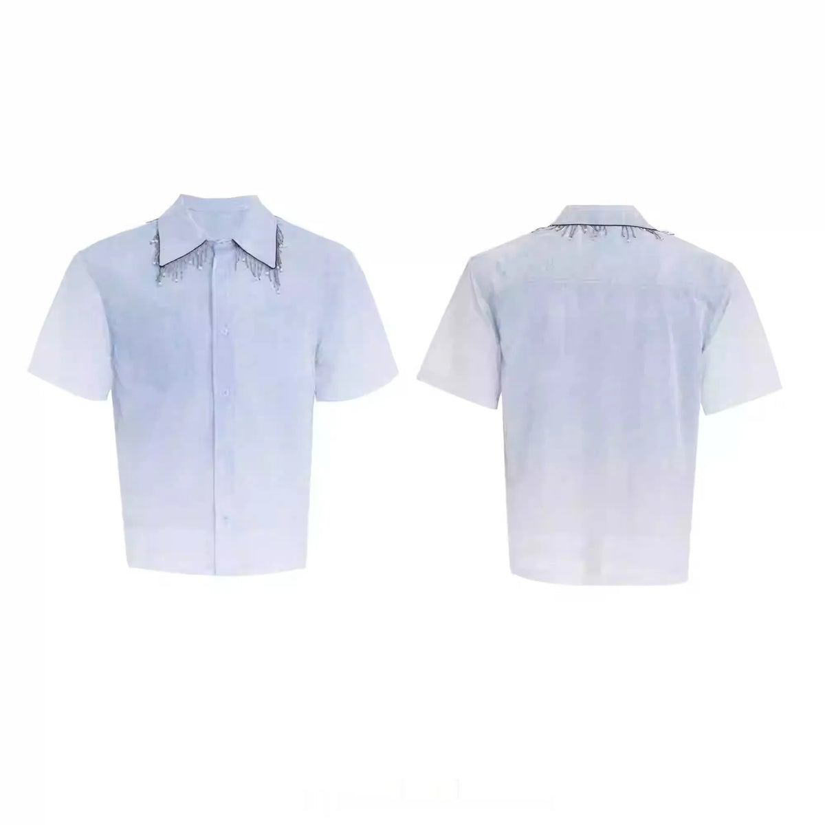A loose-fitting men's blue to white gradient short-sleeve shirt for casual summer wear.