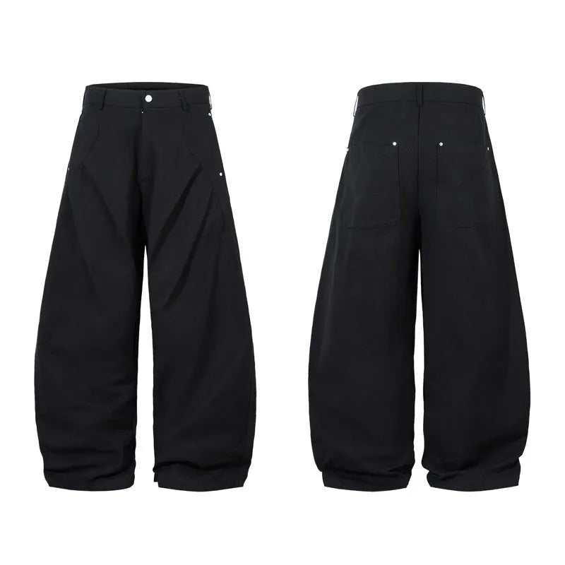 Men's black pleated casual trousers with loose-fitting wide-leg design