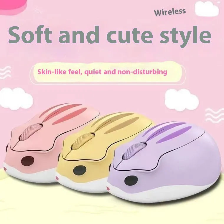 Hamster 109E model wireless Bluetooth silent mouse in grey, pink, or yellow colour.
