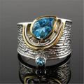 Chinese style women's blue rhinestone zircon ring with drop shape design on alloy band