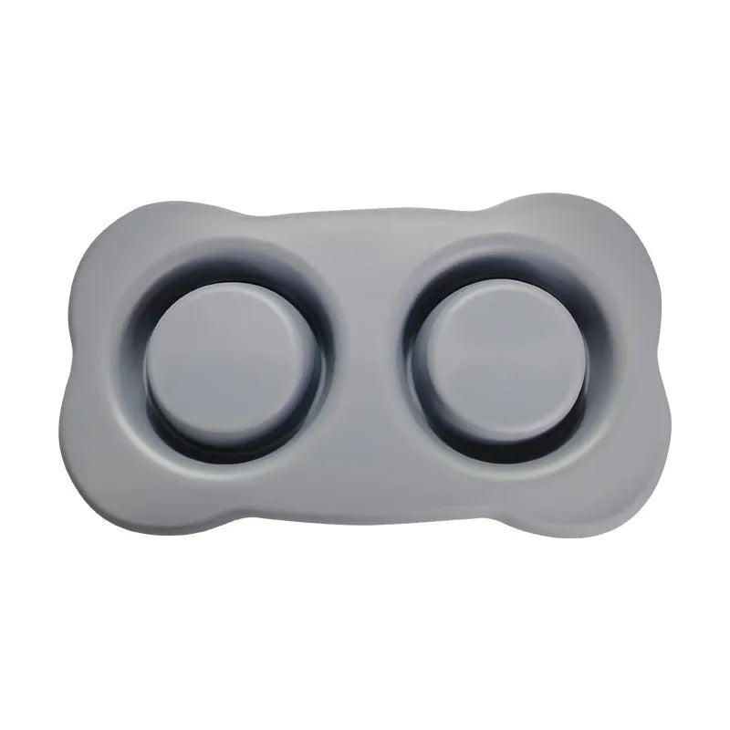 Large silicone dog feeding mat with two stainless steel bowls in blue colour
