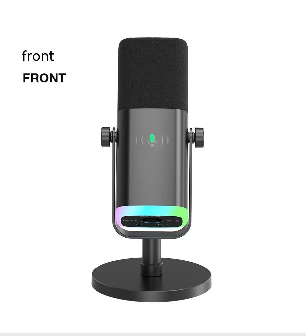 Black dynamic noise reduction condenser microphone with XLR cable and desktop base on a wood table