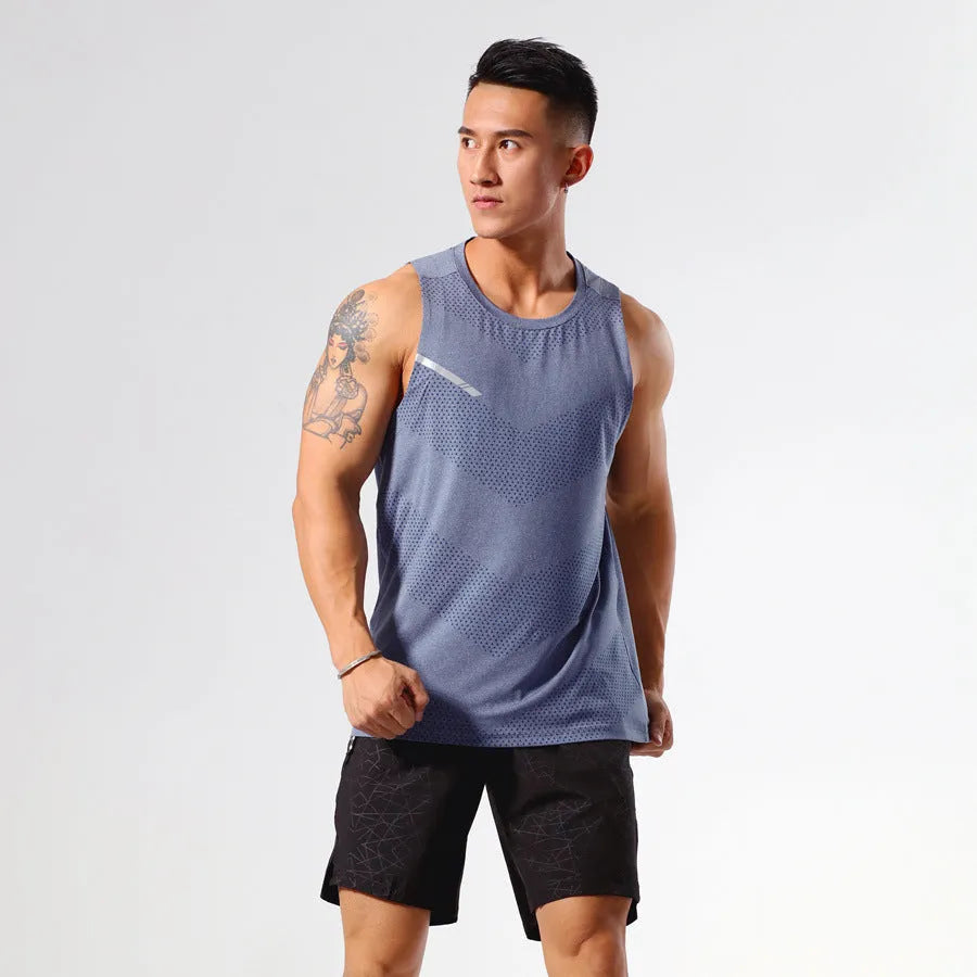 Man wearing a solid colour quick-dry polyester sports tank top for summer running or gym workouts.