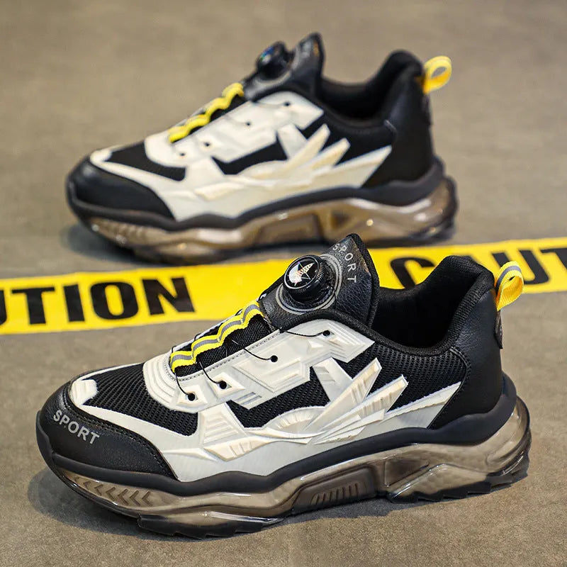 Men's black rotating button casual shoes with mesh upper and platform sole.