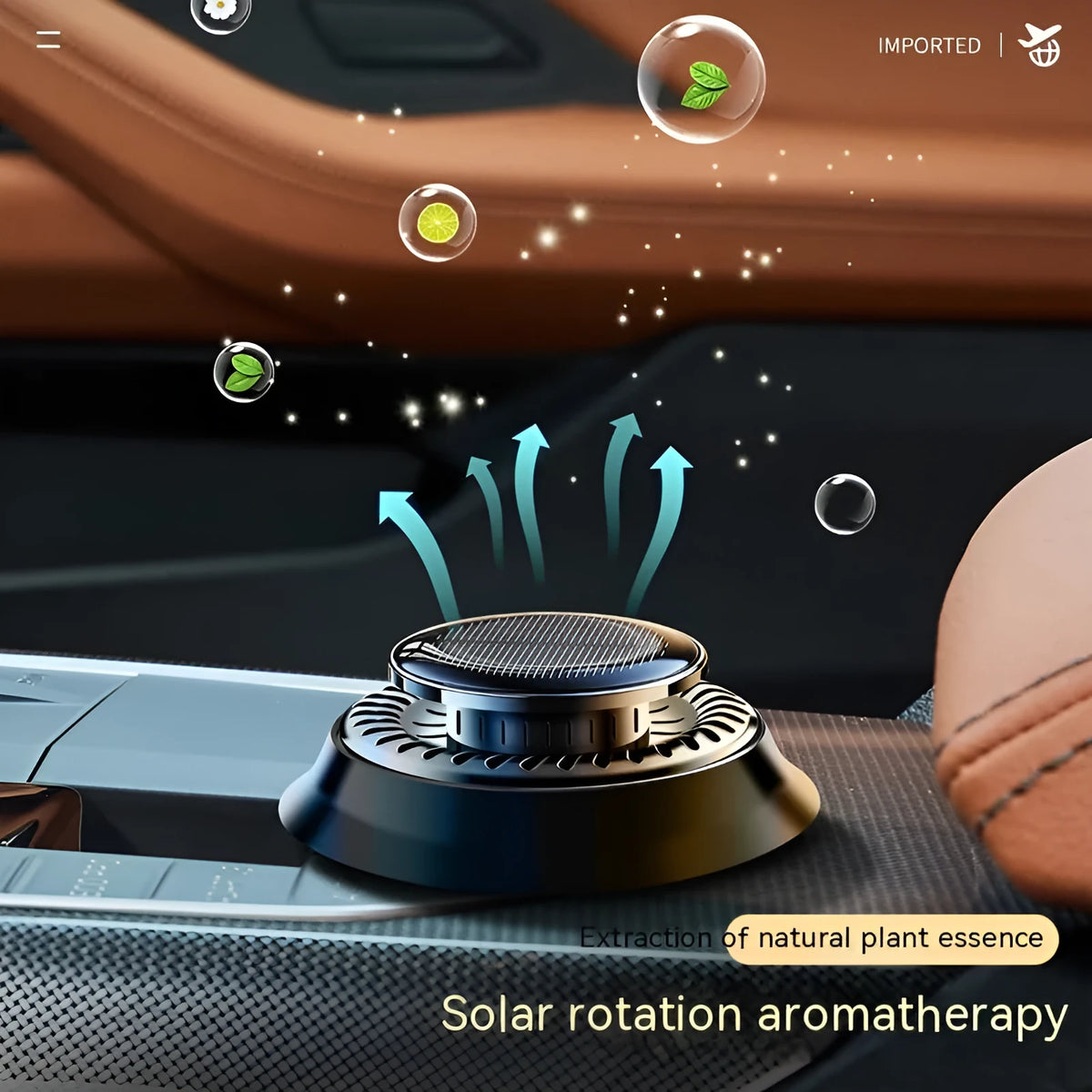Black solar-powered car aromatherapy and electromagnetic de-icing device measuring 84mm