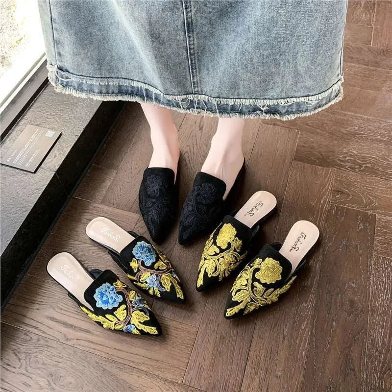 Women's embroidered round toe slippers with PU upper and rubber sole, shown in black colourway, sizes 35 to 40