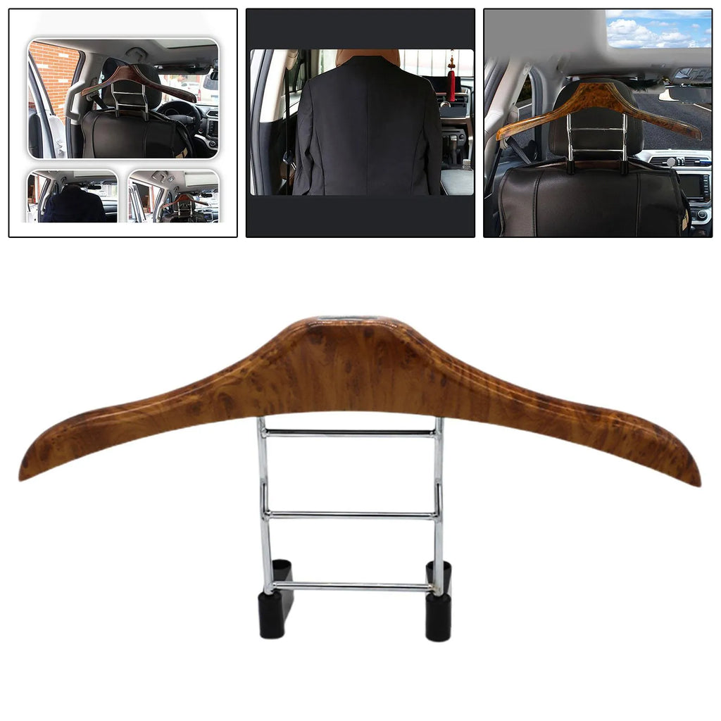 Wood yellow stainless steel car clothes hanger mounted on a car seat