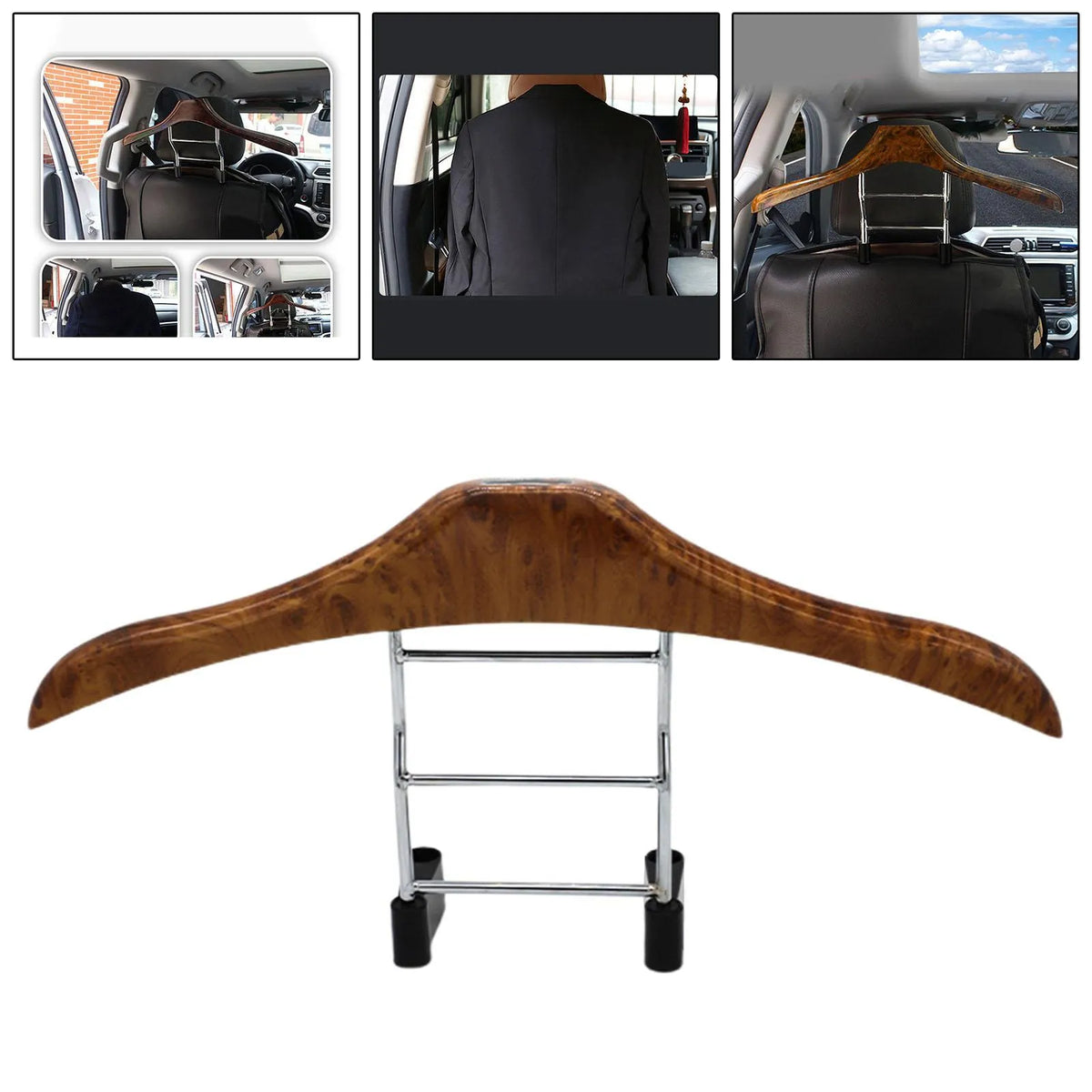 Wood yellow stainless steel car clothes hanger mounted on a car seat