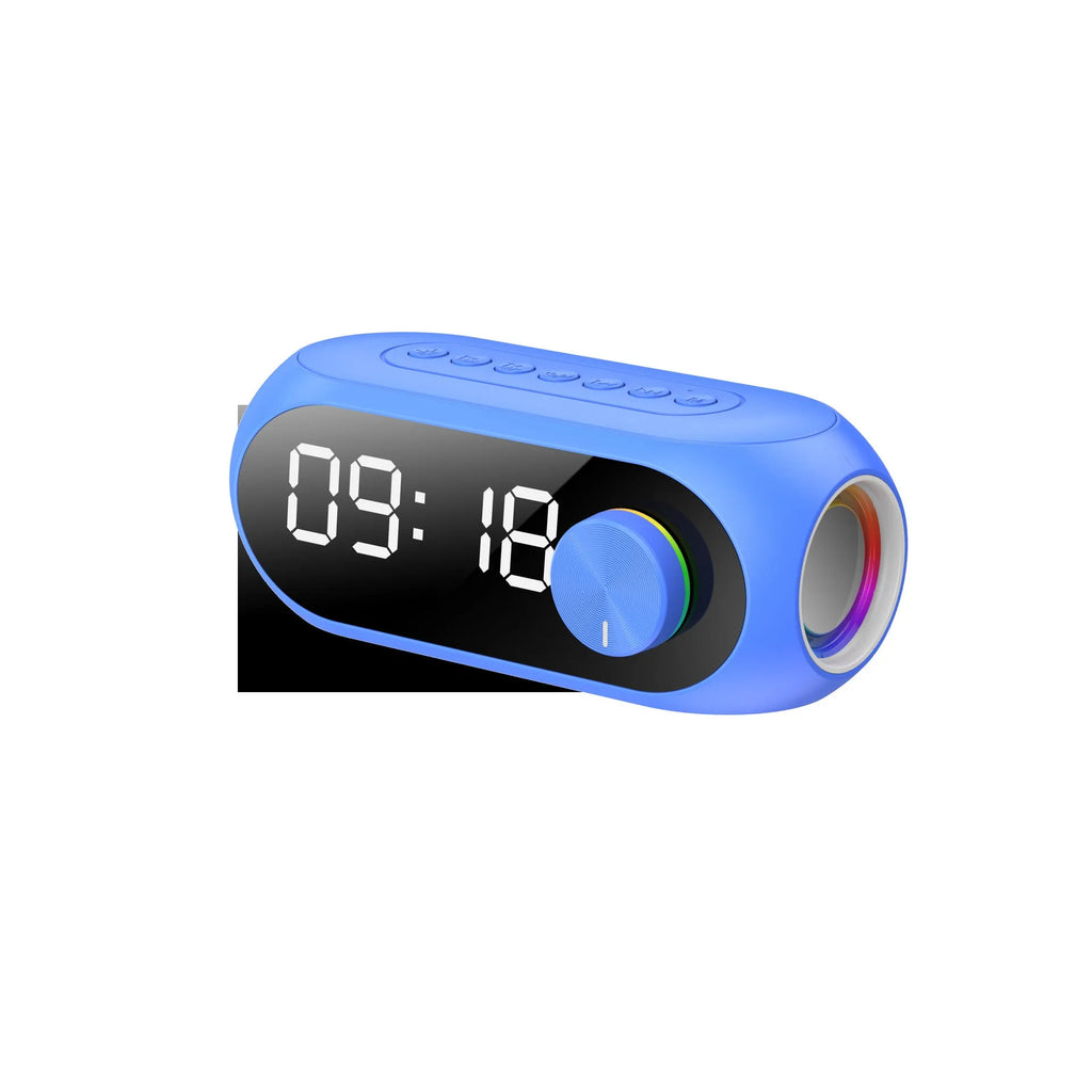S8 series portable mini clock speaker in black, white, or blue colour with digital display and USB cable.