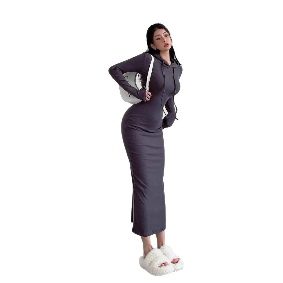Women's long sleeve hooded sheath dress in polyester fabric showing high waist design