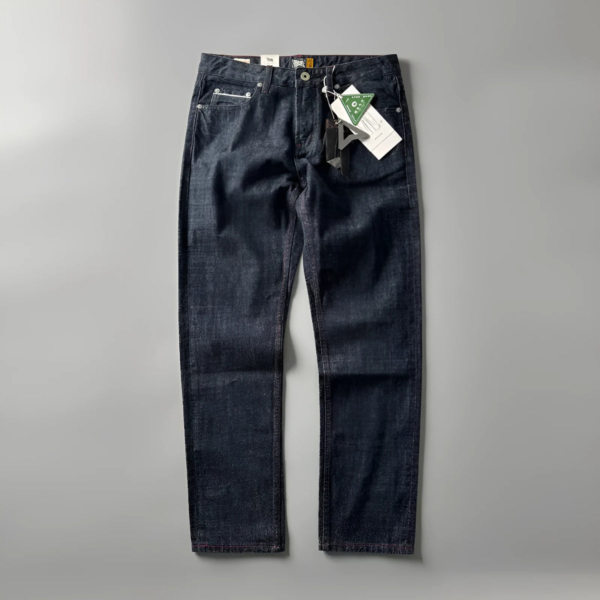 Men's straight leg denim trousers in primary colour, showing front view of the American retro style and mid-waist fit.
