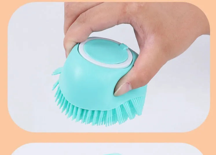 Blue silicone dog bath brush for washing and massaging pets during bath time.
