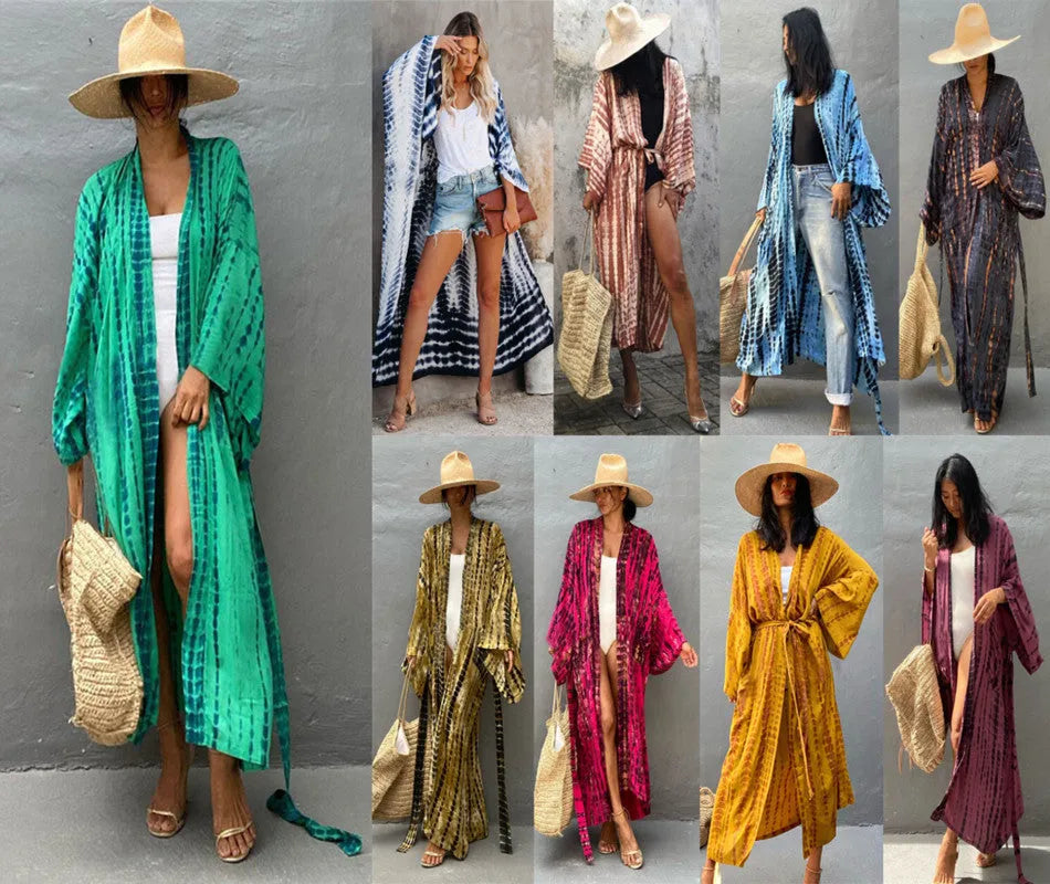 Cotton printed beach cover-up shirt with loose fit and 135cm length for sun protection