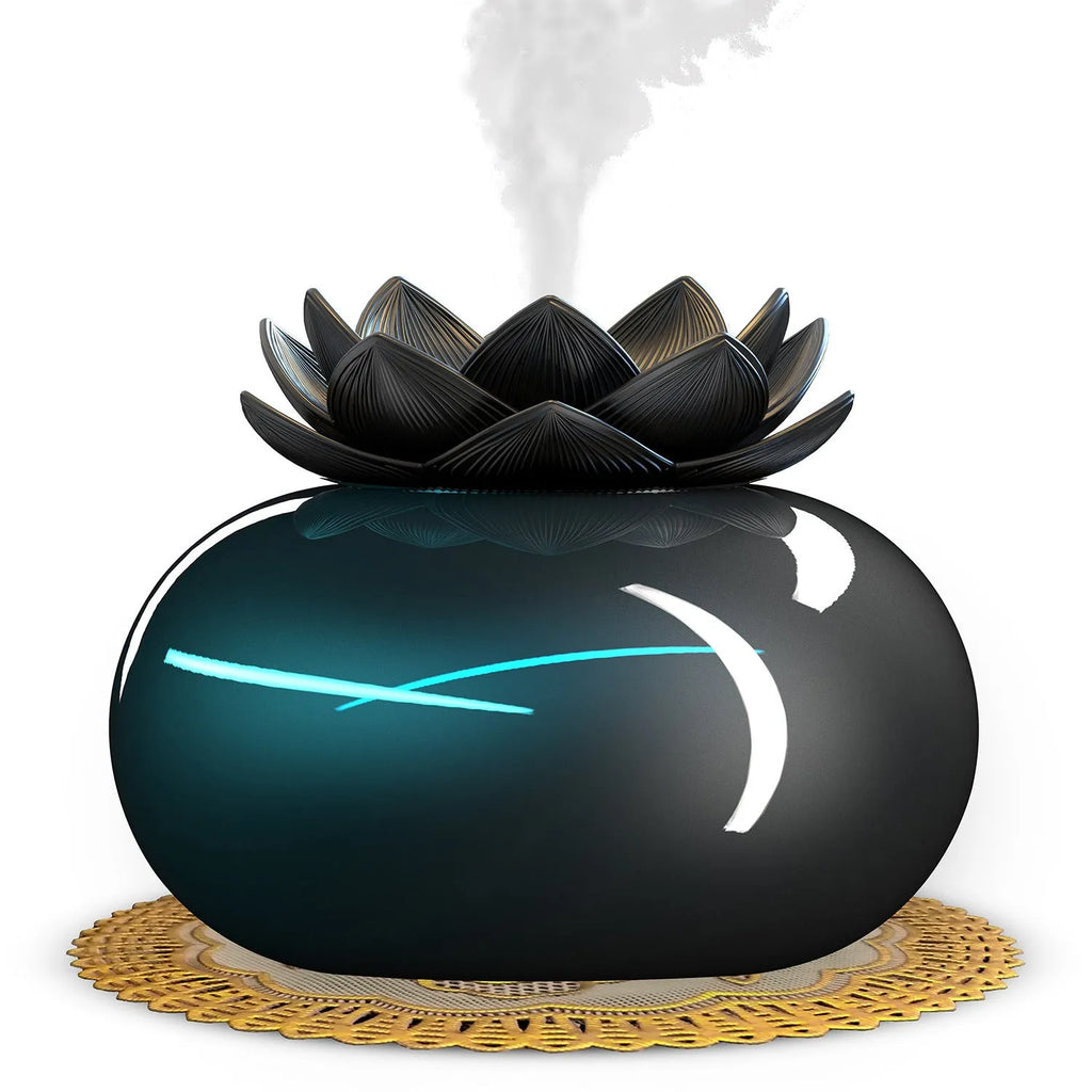 Round pure black lotus aromatherapy humidifier with USB cable and ceramic construction