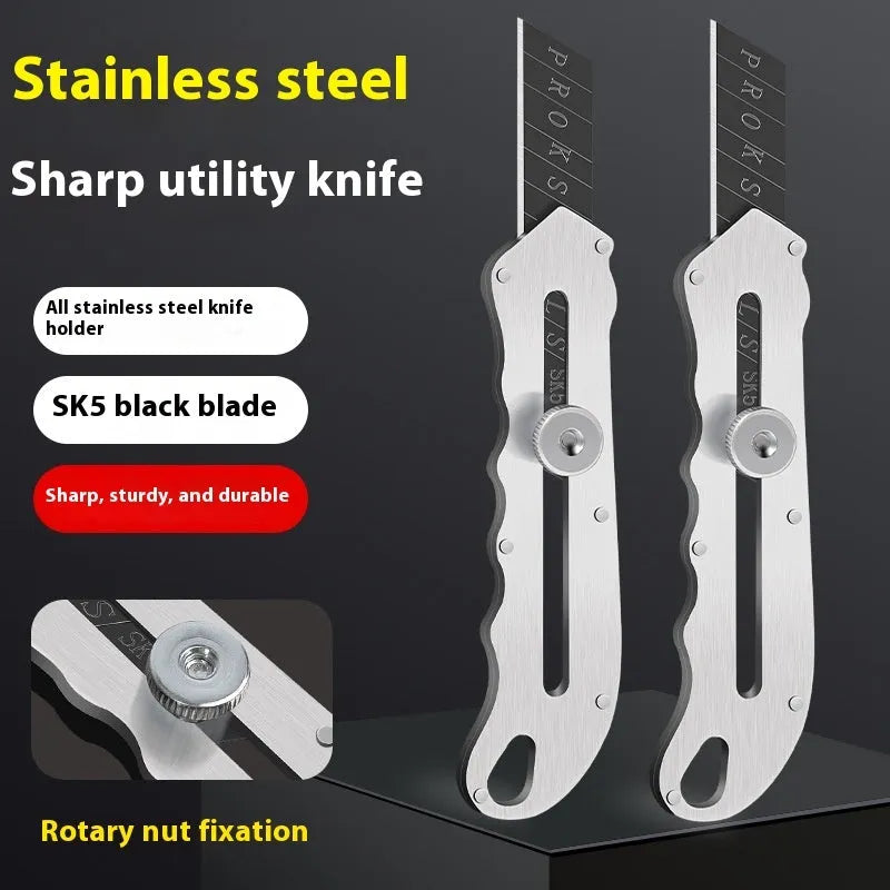Stainless steel folding art knife with black blade and packs of long and trapezoidal blades