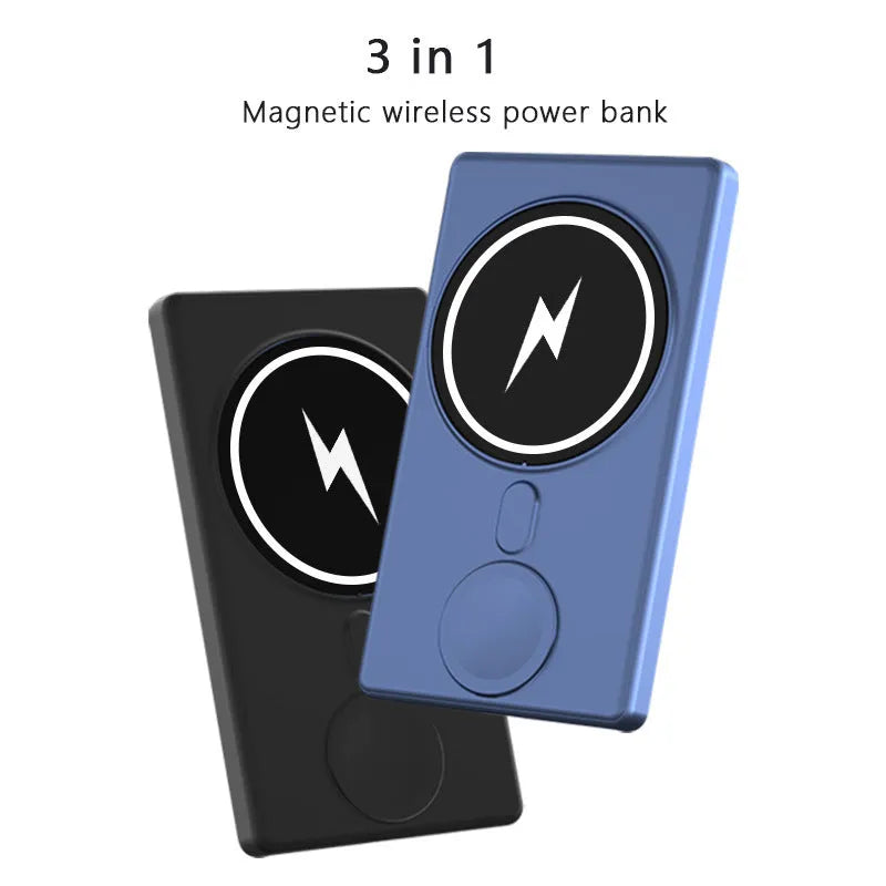 Three-in-one magnetic wireless charging power bank 5000mAh ultra-thin 116x65x13mm black or blue