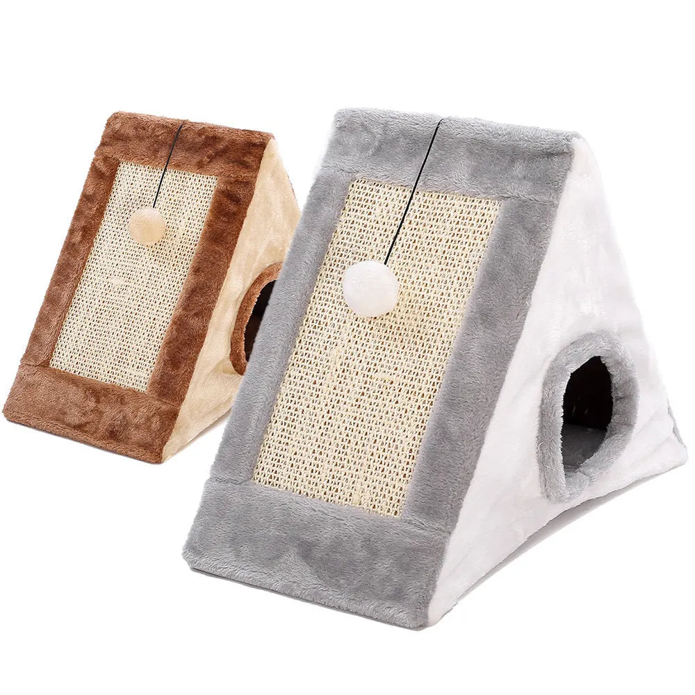 Triangle-shaped grey and white cat bed with sisal scratching sides and a soft plush sleeping area.