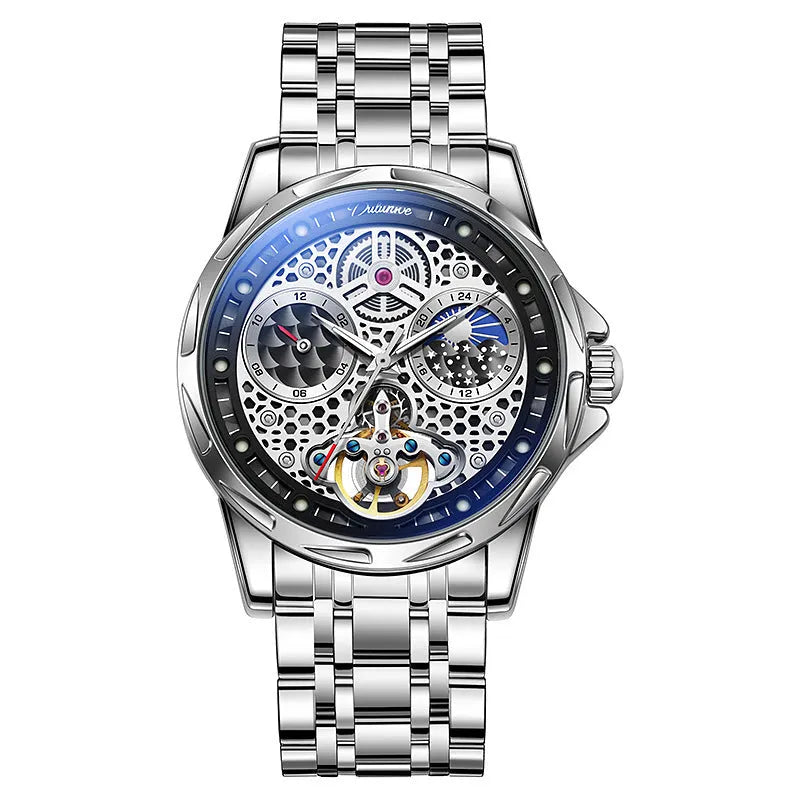 Men's automatic waterproof watch with luminous dial on stainless steel bracelet.