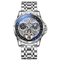 Men's automatic waterproof watch with luminous dial on stainless steel bracelet.