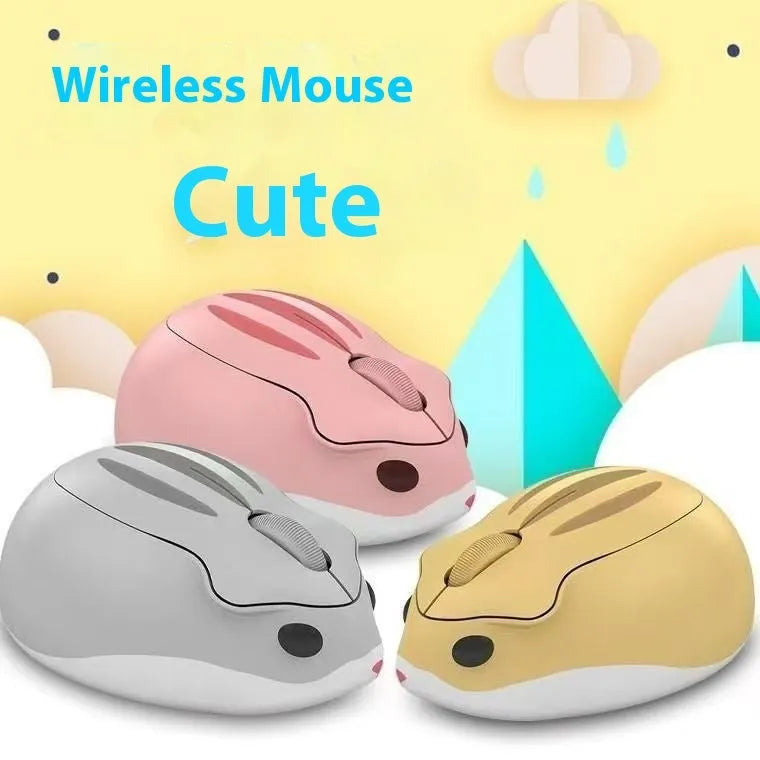 Hamster 109E model wireless Bluetooth silent mouse in grey, pink, or yellow colour.