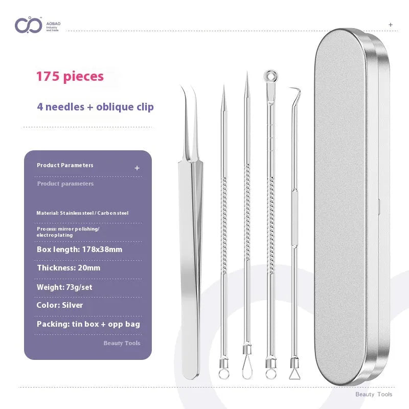 4-piece metal acne needle set with ultra-fine pointed clips on a silver background.