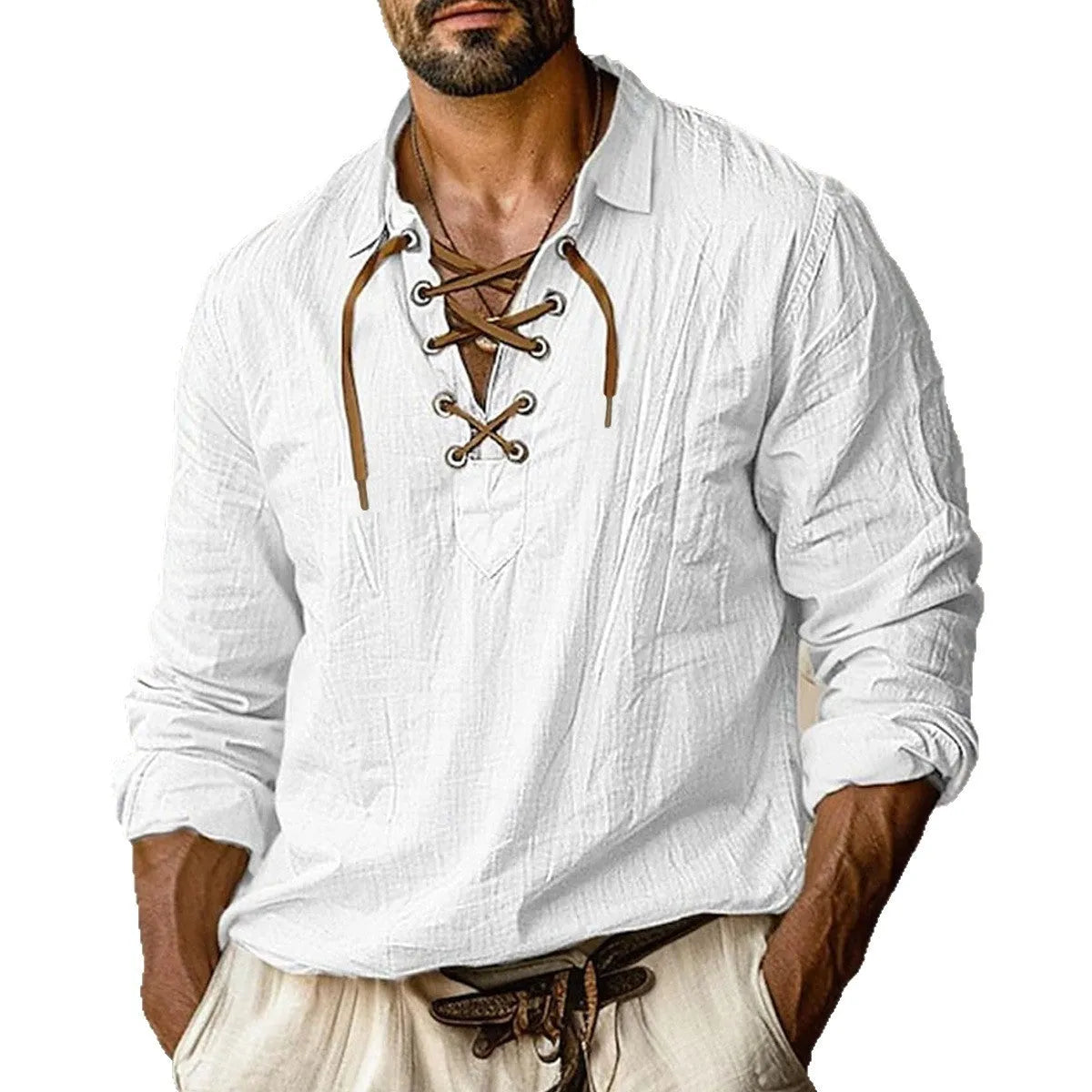 Men's loose blue linen blend shirt with lapel and lace details on a hanger