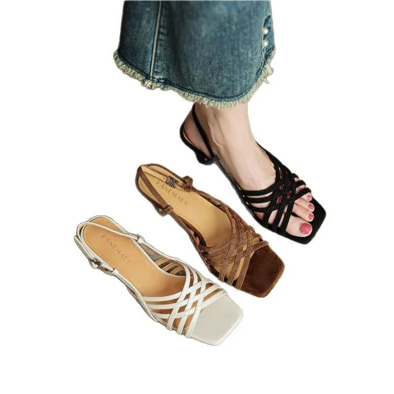 Retro soft leather thin cross strap high heel sandals with square toe and ankle buckle