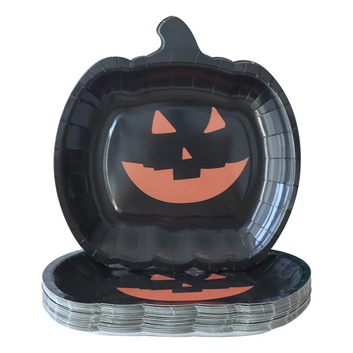 Cute black pumpkin design on a 9-inch thickened disposable paper plate for Halloween parties.