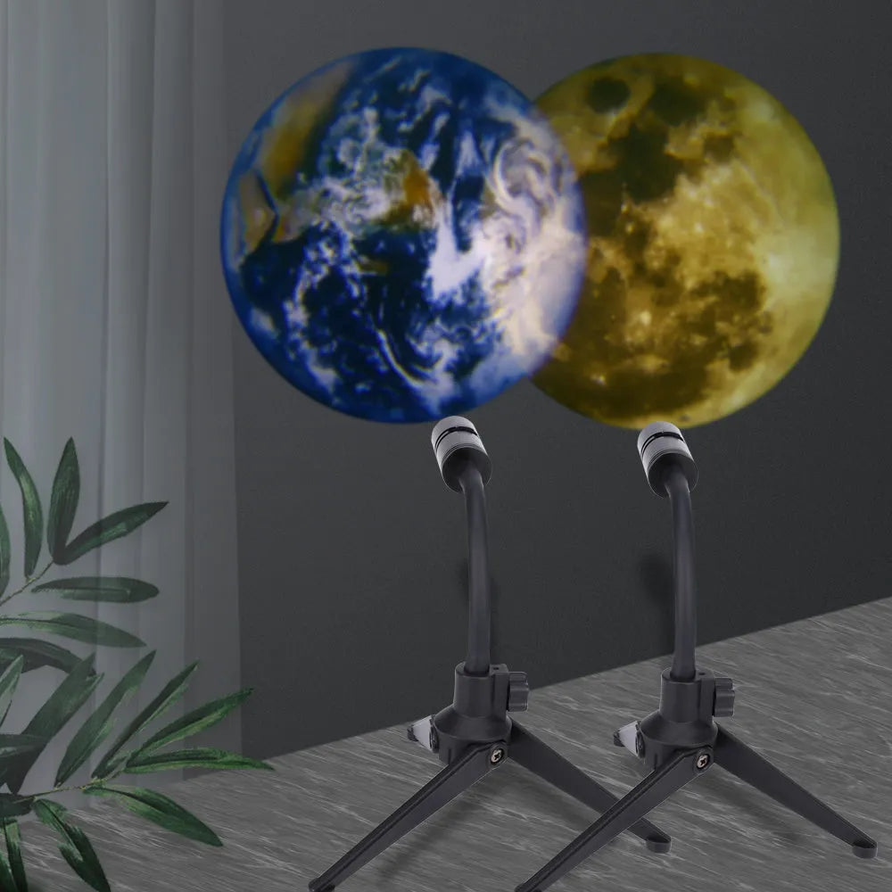 USB-powered earth and moon star projector night light with adjustable hose bracket on a bedside table.