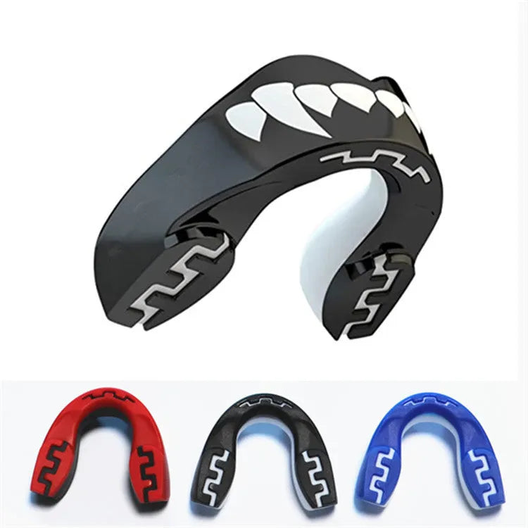Adult boxing mouthguard with tooth socket design in black and white printed teeth for martial arts training