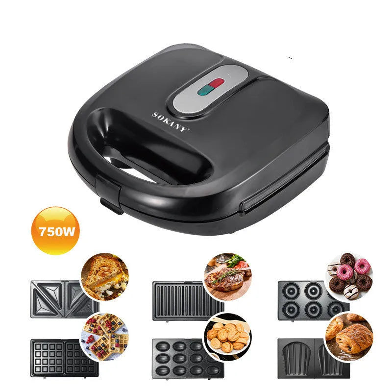 Black double-sided electric sandwich pan with stainless steel lid and non-stick coating.