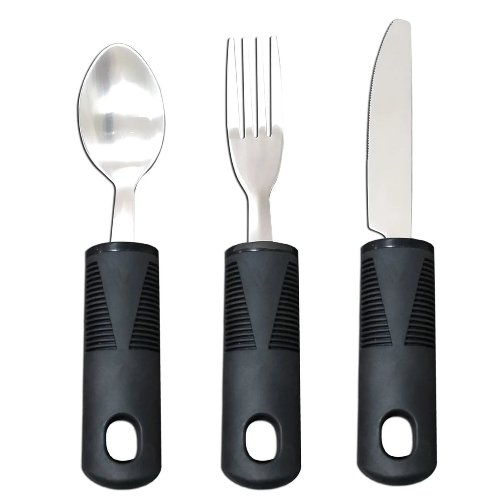 Stainless steel anti-shake tableware set with rubber handle for elderly food aid