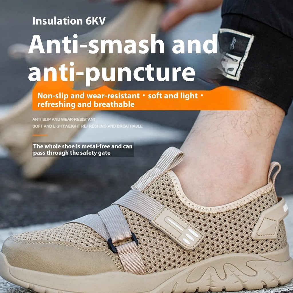 Men's anti-smash anti-puncture work insulation safety shoes with flying woven upper and rubber sole