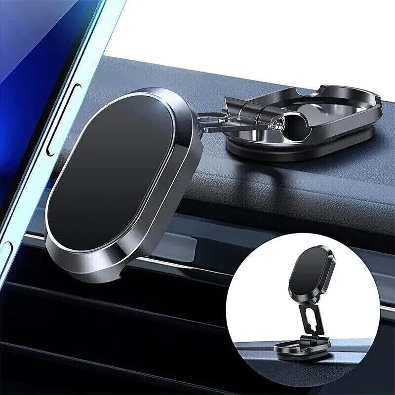 Chrome finish magnetic car phone holder with folded and extended positions showing adjustable head