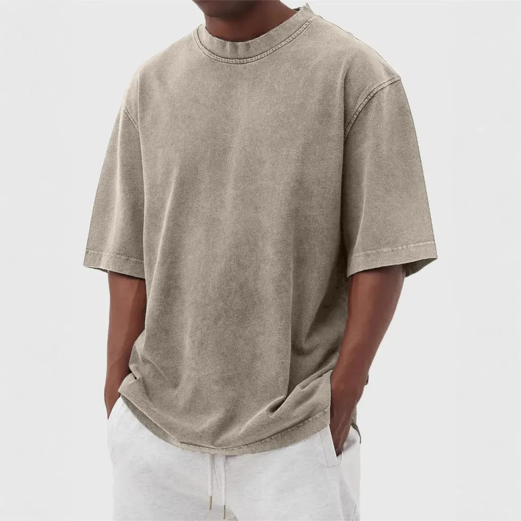 Men's stone washed polyester pullover t-shirt with distressed design in multiple colour options