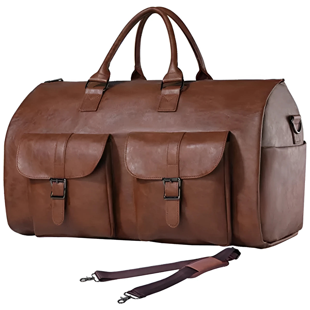 Convertible travel bag in black or brown PU leather with waterproof finish, 36-55L capacity, retro solid colour design.