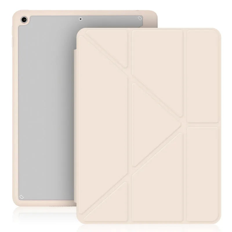 Acrylic Y-folding soft imitation leather iPad case in multiple colours, showing stand function and pen slot.