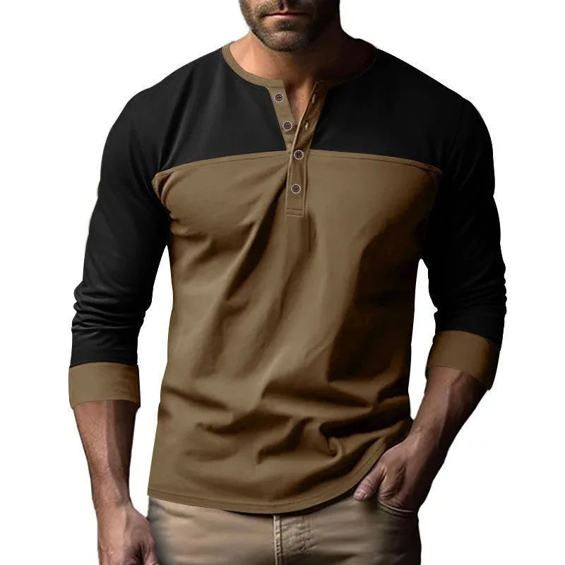 Men's long sleeve casual T-shirt with Henry collar in retro colour matching design