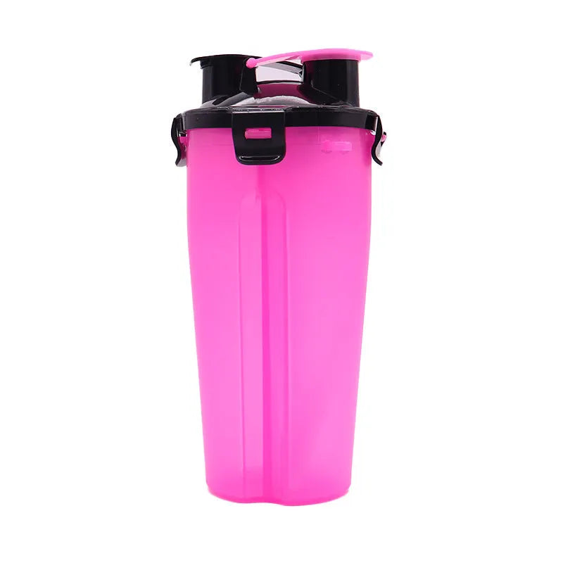 Portable pet water cup showing 350ml water bottle with 250g food container in multiple colour options