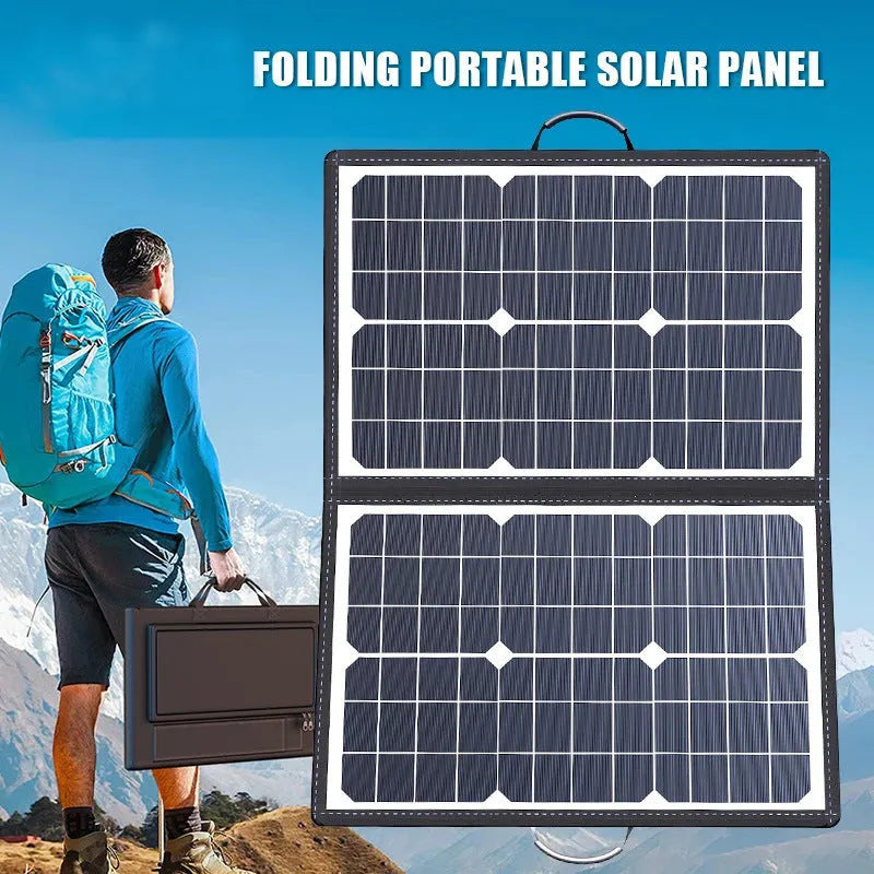 Black 40W folding solar panel in portable bag showing compact 425x285mm folded size