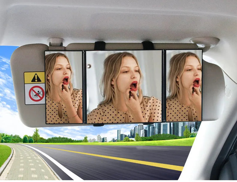 Silver car folding makeup mirror shown closed and open, with ABS plastic frame.