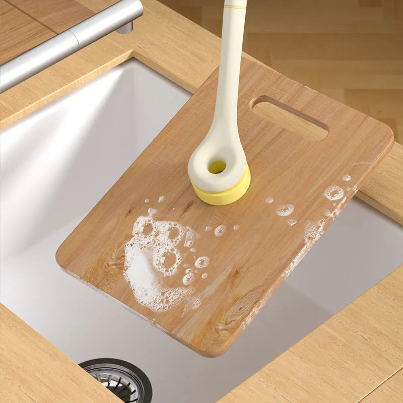 Wood pulp sponge cleaning brush with PP handle, peeling knife, and three or six brush heads for pots, dishes, and bowls.
