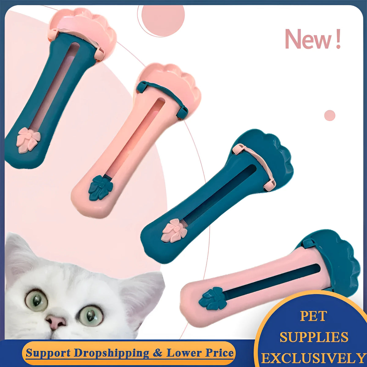 Green and pink pet food scoop squeezer feeder for dispensing snacks and liquids for cats and dogs.