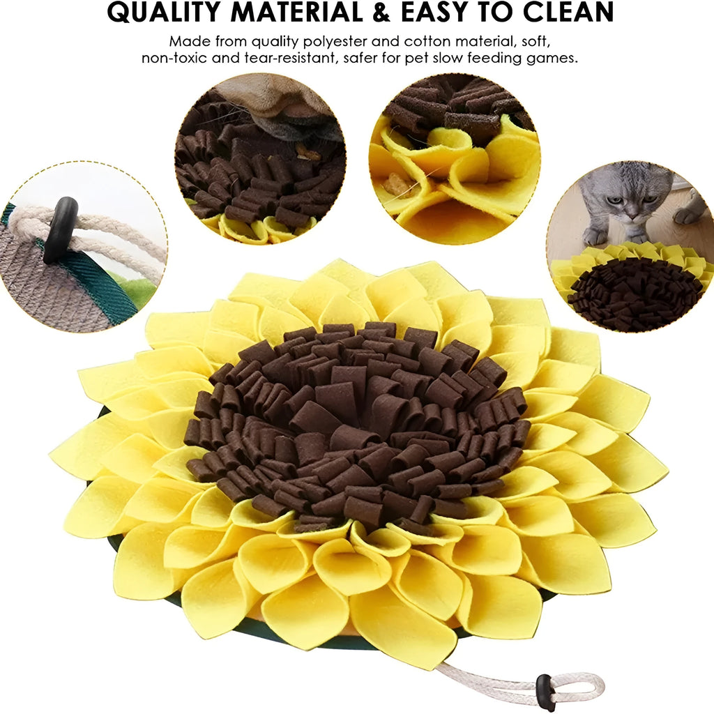Yellow sunflower shaped dog snuffle mat with fleece petals for hiding treats during nosework training