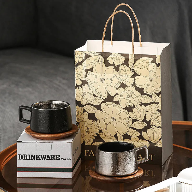 Gold-plated office gift tumbler coffee cup set with irregular shaped cup and decorative packaging