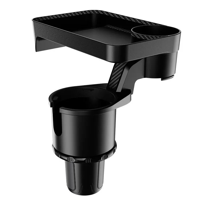 Black ABS plastic car cup holder with integrated rotating dinner tray, shown in a vehicle.