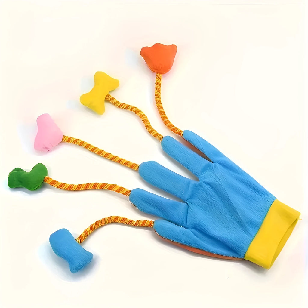Blue and yellow plush cat toy with integrated bell measuring 40cm long