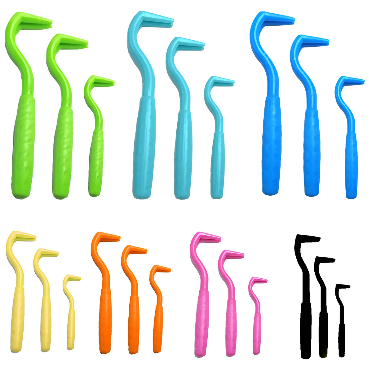 Three plastic tick hooks for dogs in various colours showing curved removal ends