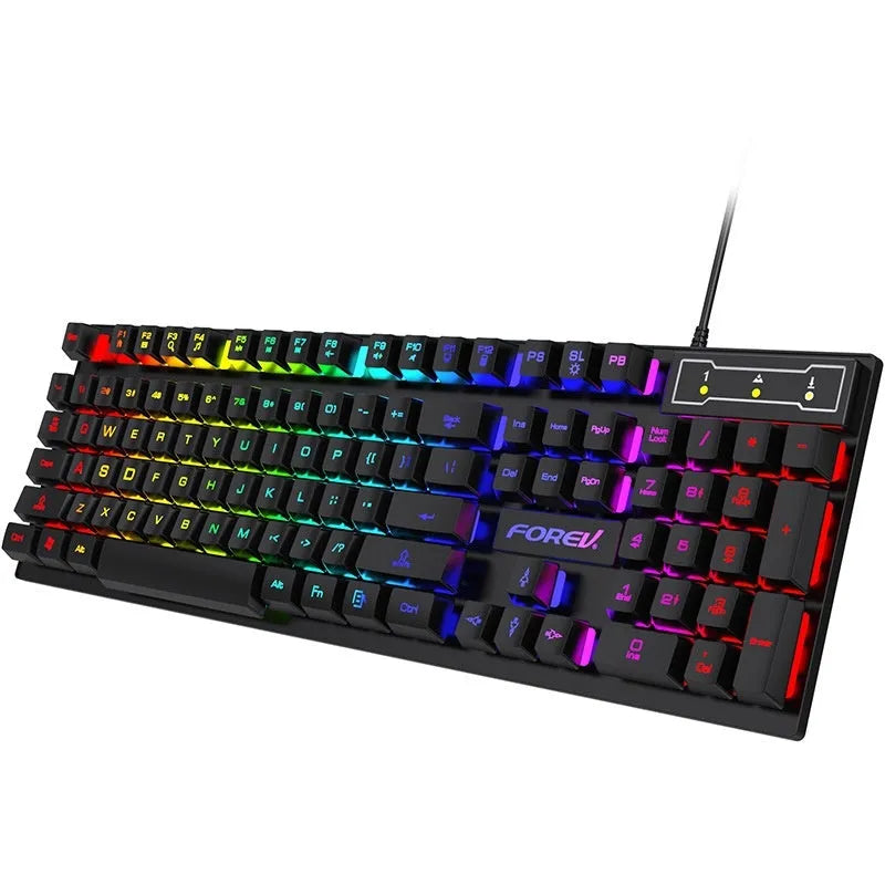 Black gaming keyboard and mouse combo with backlight illumination showing 104-key layout
